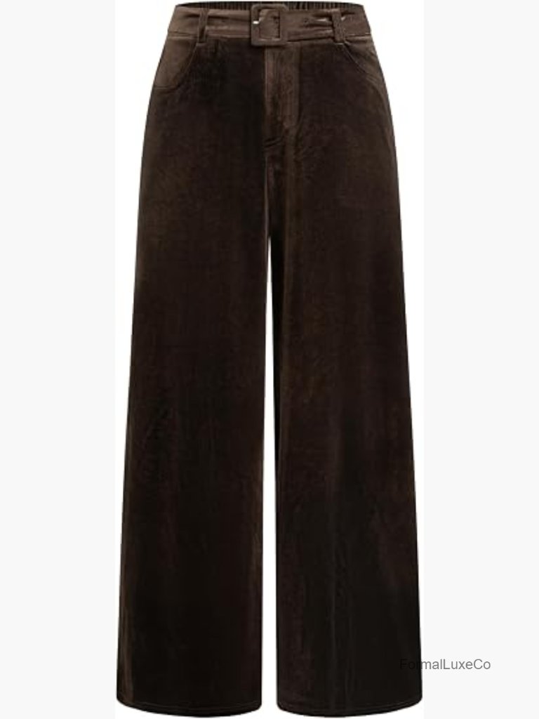 Womens Velvet Wide Leg Pants High Waist Belted Trousers Palazzo